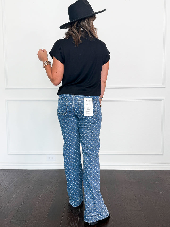 Risen High Rise Wide Leg Bow Embroidered Jeans