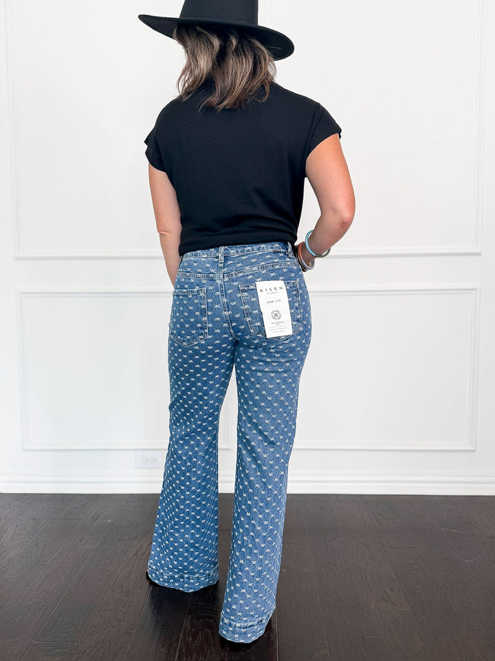 Risen High Rise Wide Leg Bow Embroidered Jeans