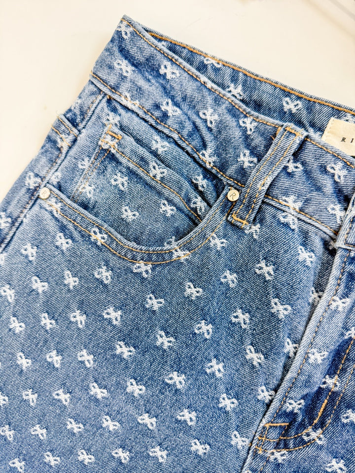 Risen High Rise Wide Leg Bow Embroidered Jeans