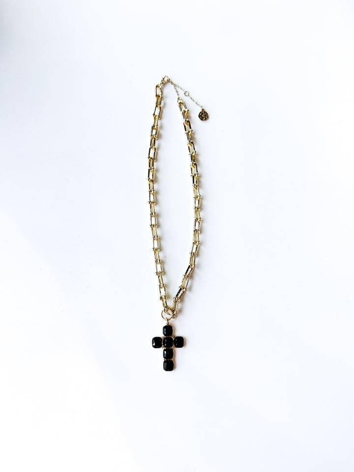 18K Gold Plated Chain Necklace with Black Crystal Cross