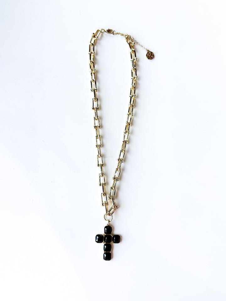18K Gold Plated Chain Necklace with Black Crystal Cross