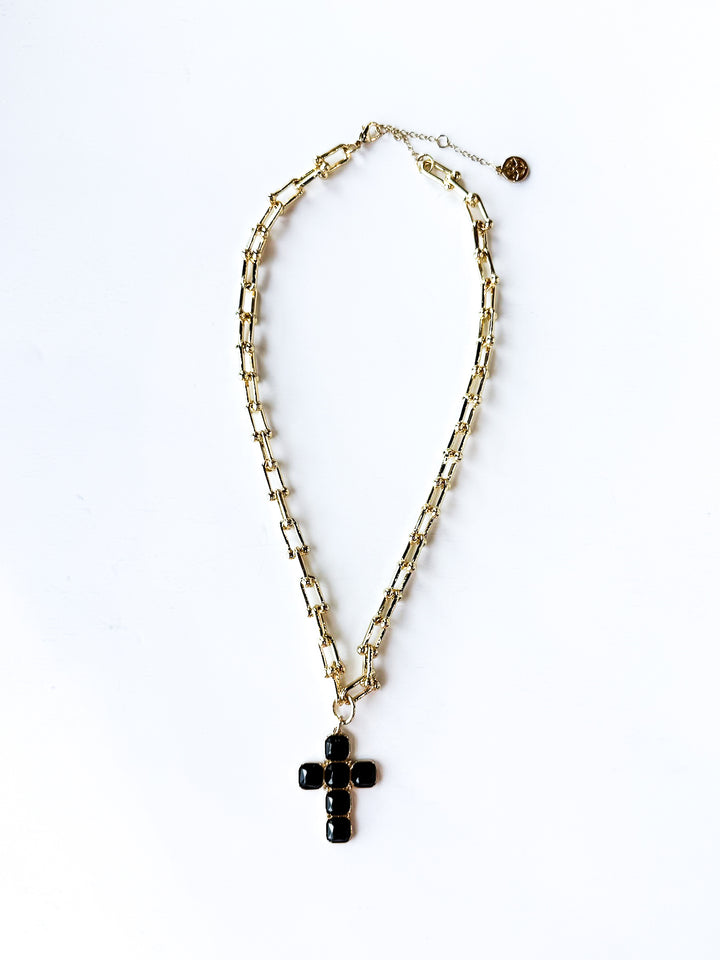 18K Gold Plated Chain Necklace with Black Crystal Cross