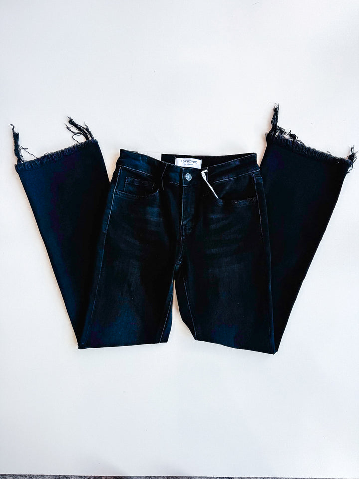 Lovervet Mid Rise Raw Distressed Hem Crop Flare
