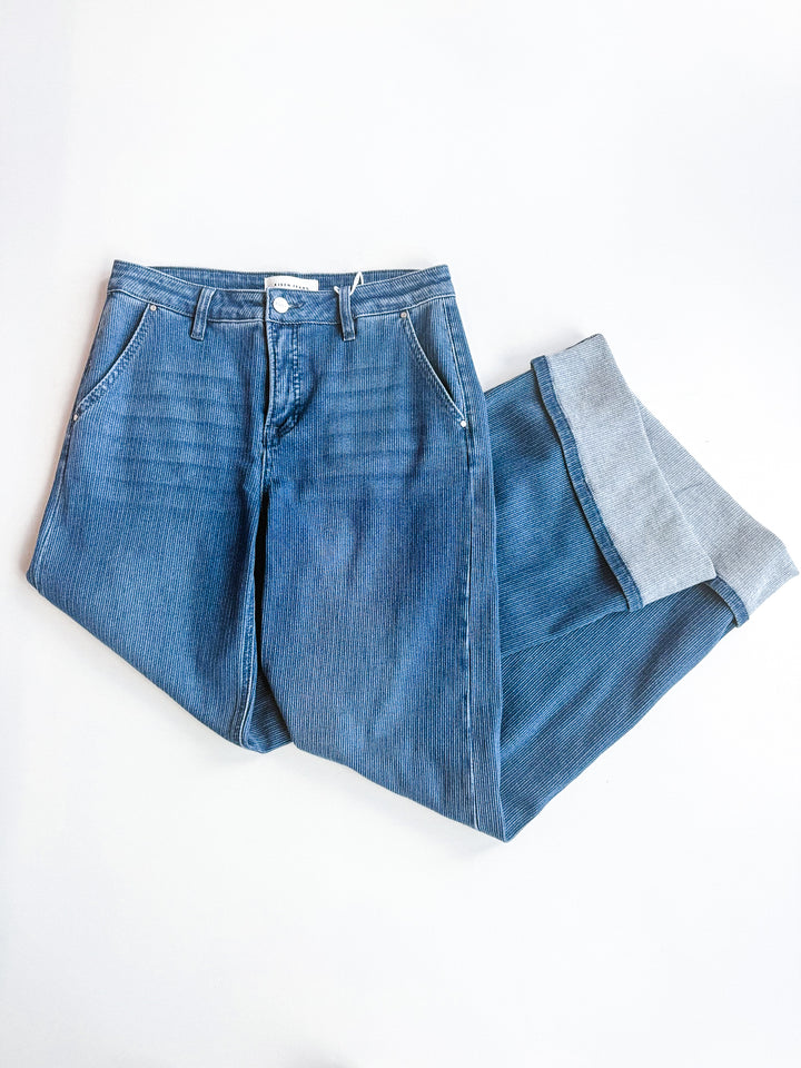 Risen Mid Rise Wide Leg Cuffed Jeans