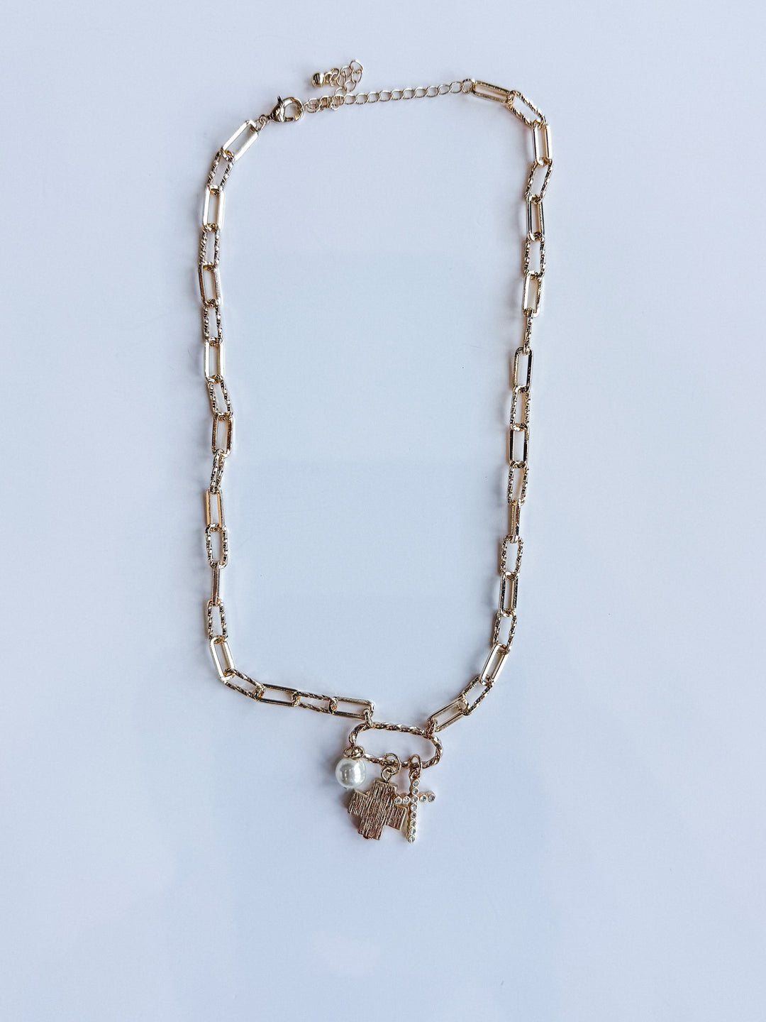 Paperclip Rhinestone & Pearl Cross Necklace