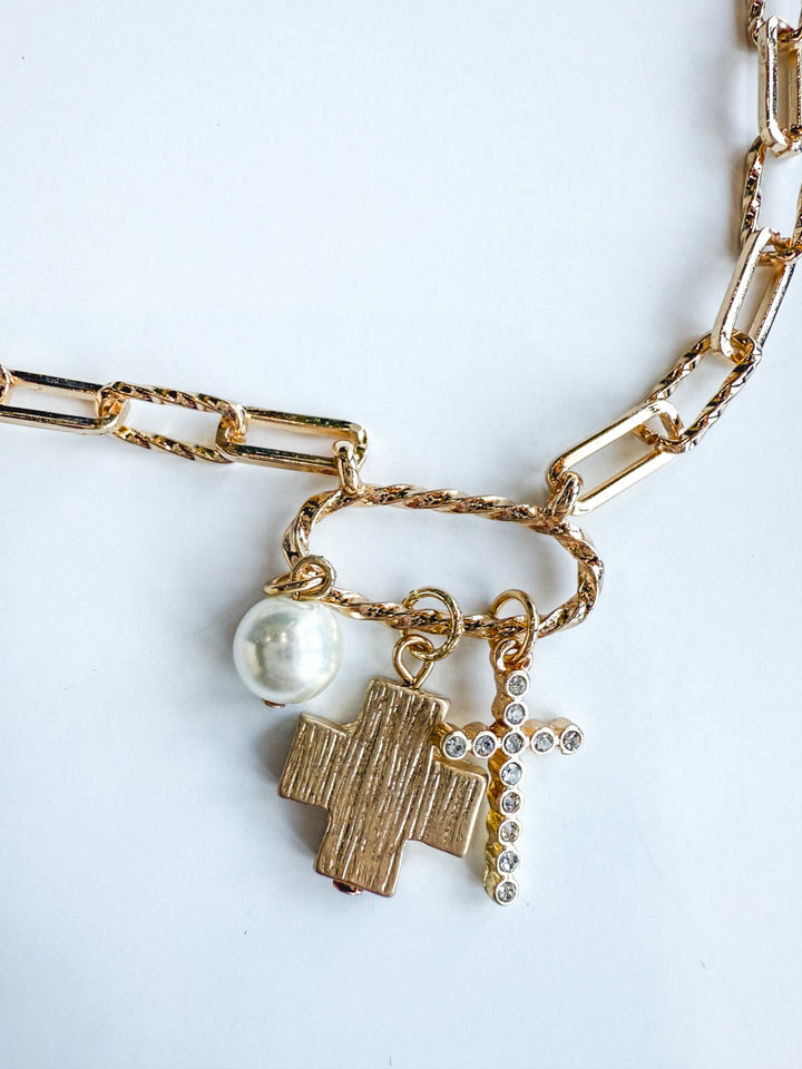 Paperclip Rhinestone & Pearl Cross Necklace