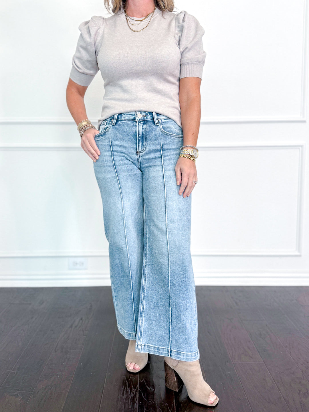 Risen Mid Rise Crop Wide Pintuck Detailed Jeans