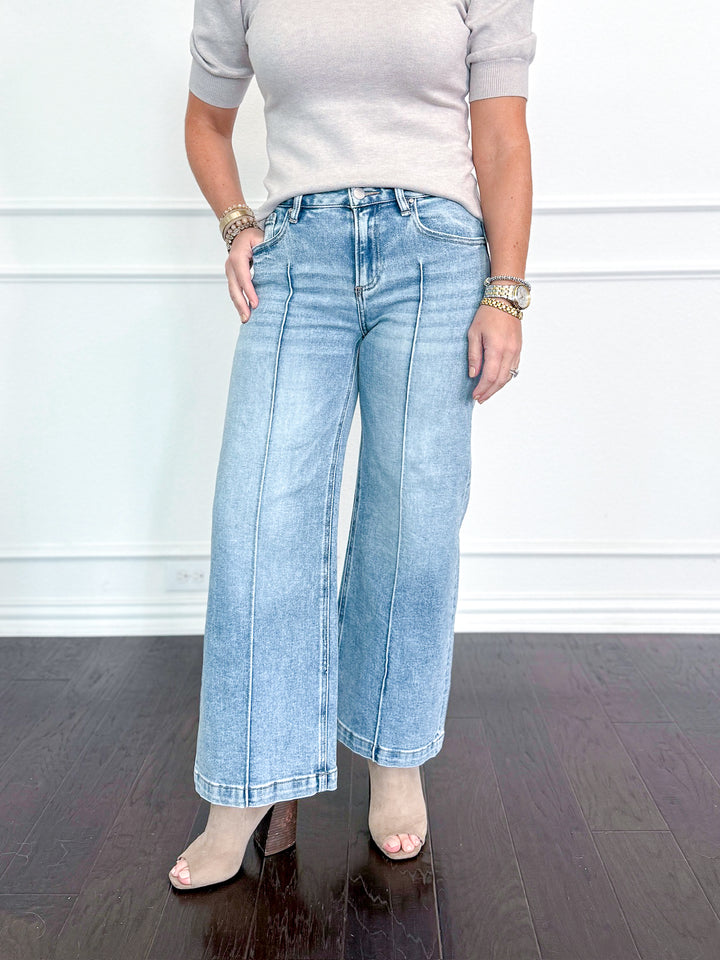 Risen Mid Rise Crop Wide Pintuck Detailed Jeans