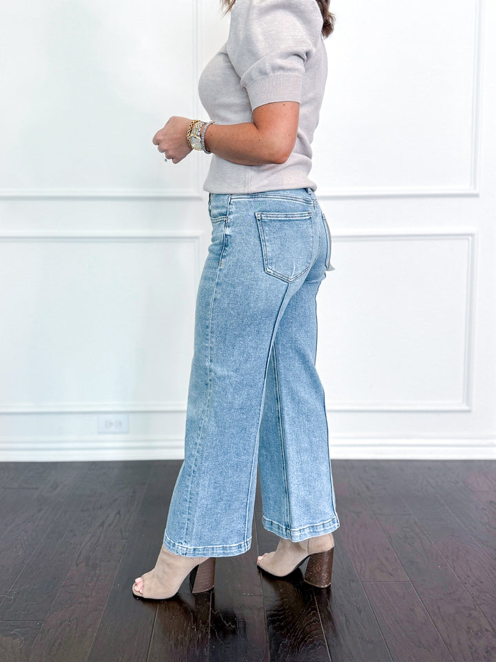 Risen Mid Rise Crop Wide Pintuck Detailed Jeans