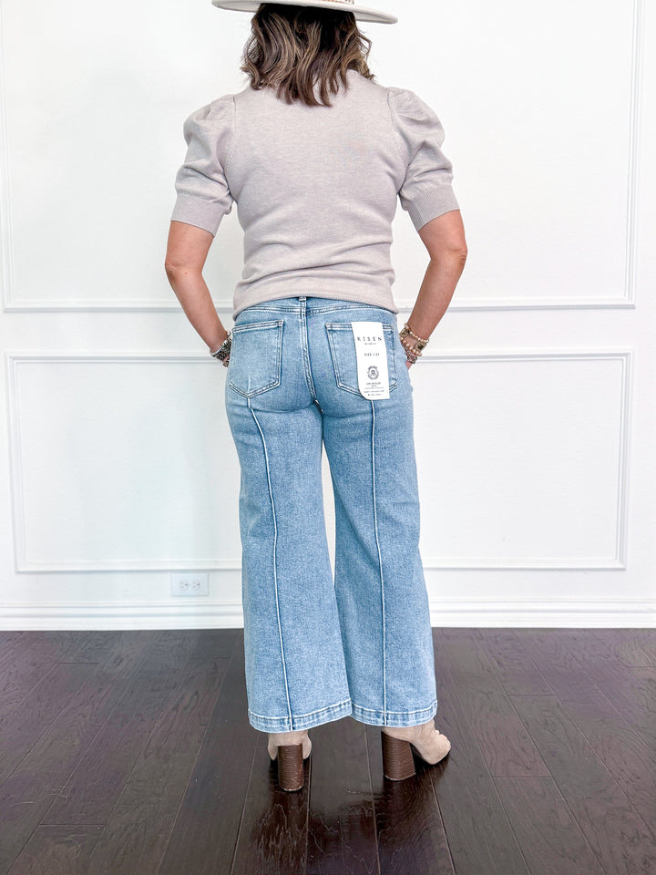 Risen Mid Rise Crop Wide Pintuck Detailed Jeans