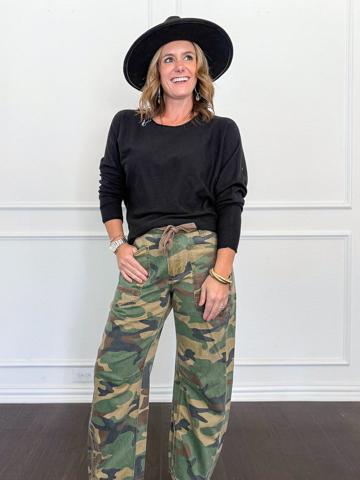 Risen Mid Rise Cropped Relaxed Barrel Camo Pants