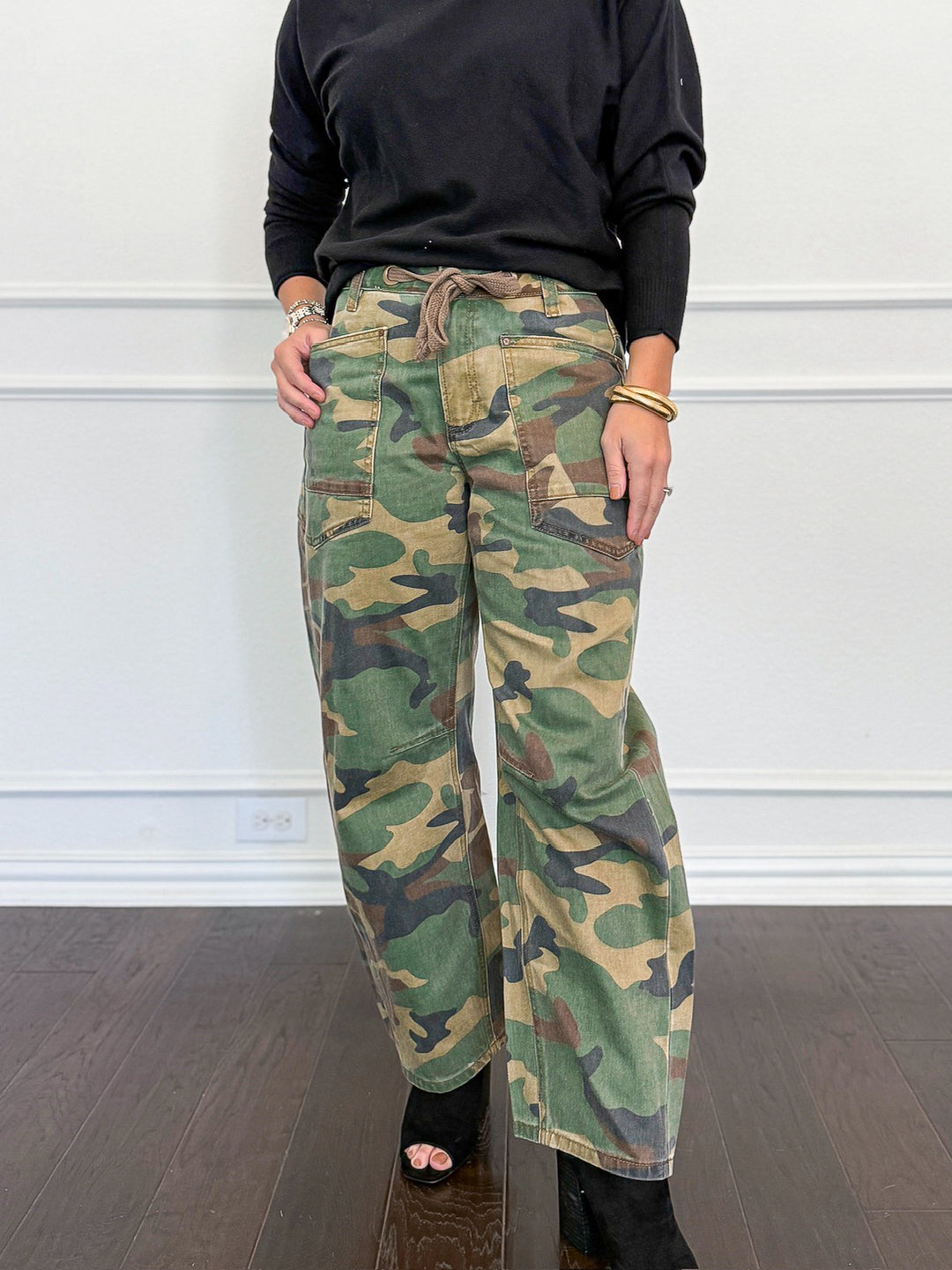 Risen Mid Rise Cropped Relaxed Barrel Camo Pants