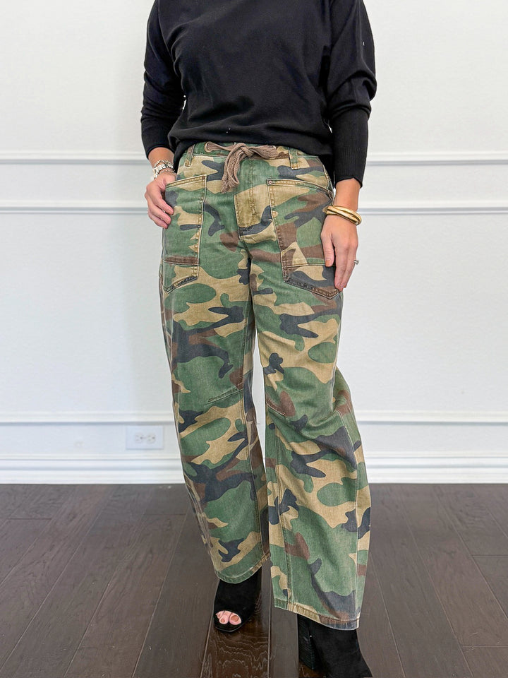 Risen Mid Rise Cropped Relaxed Barrel Camo Pants