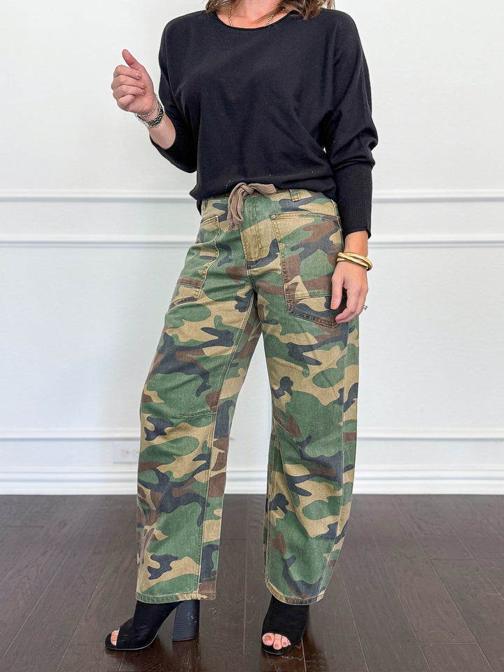 Risen Mid Rise Cropped Relaxed Barrel Camo Pants