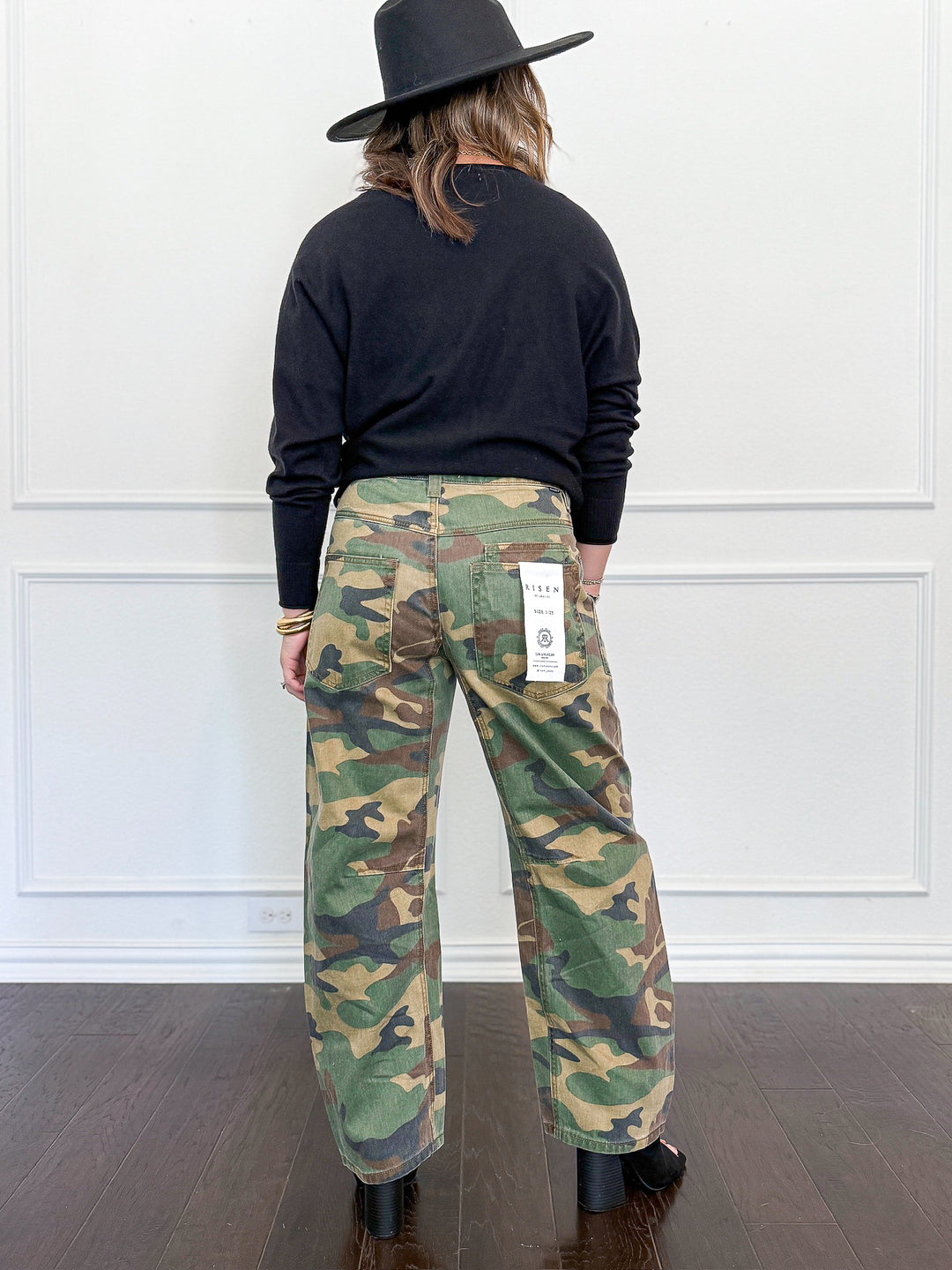 Risen Mid Rise Cropped Relaxed Barrel Camo Pants