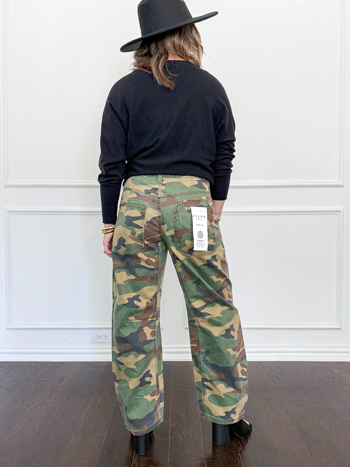 Risen Mid Rise Cropped Relaxed Barrel Camo Pants