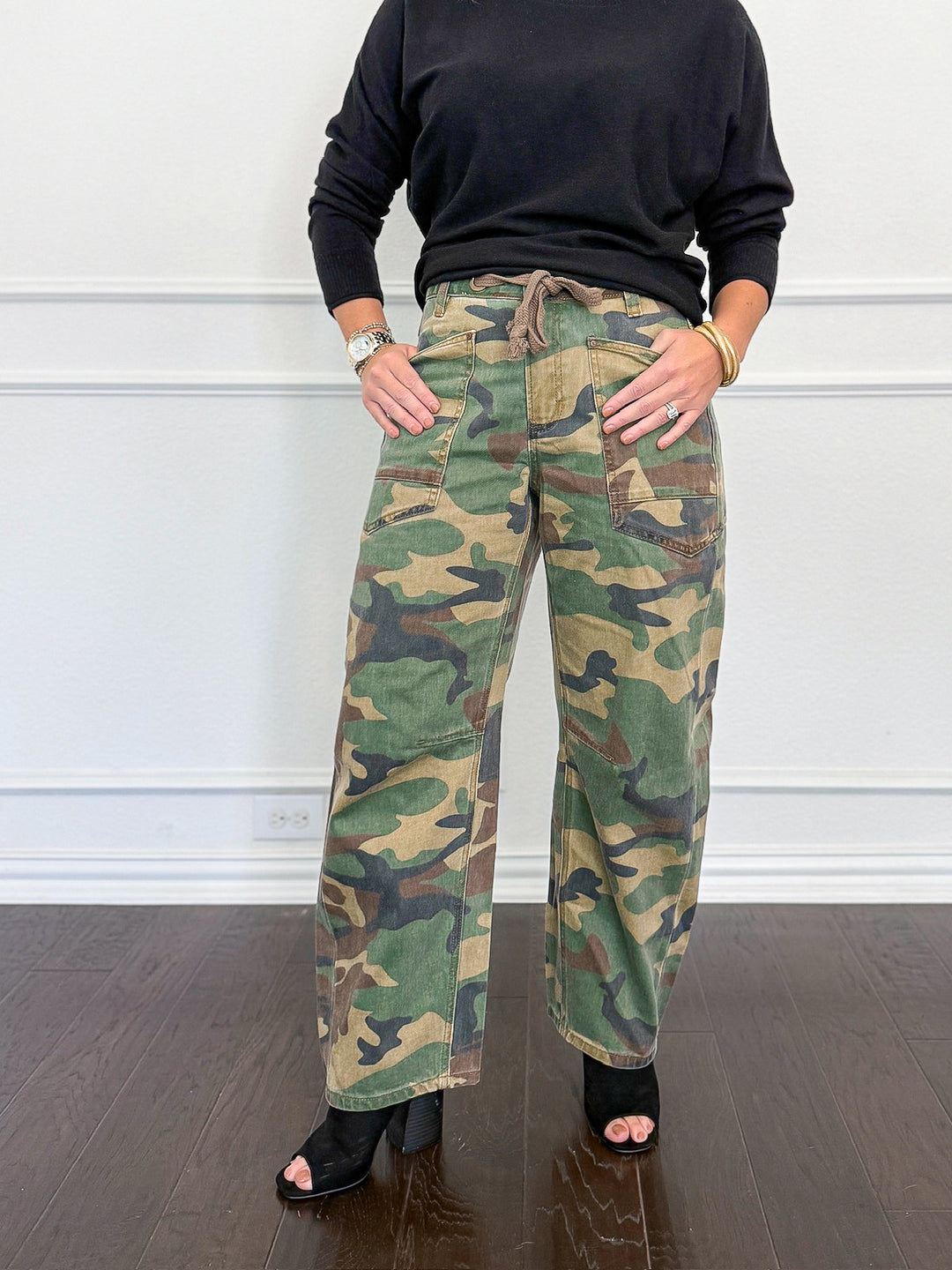 Risen Mid Rise Cropped Relaxed Barrel Camo Pants