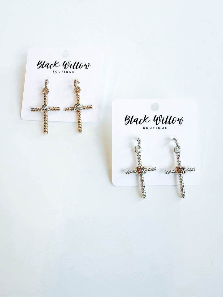 Twist Textured Mixed Metal Cross Earrings