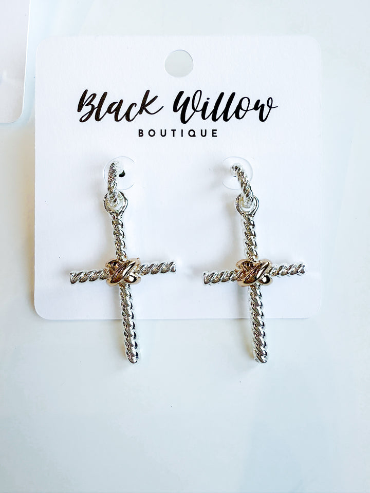Twist Textured Mixed Metal Cross Earrings