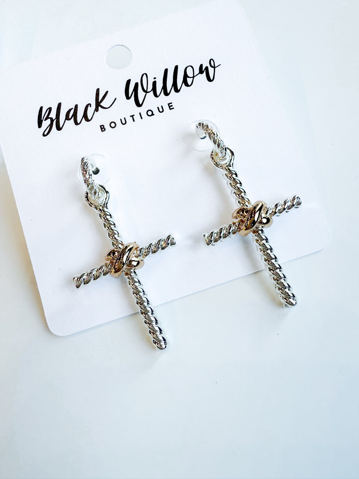 Twist Textured Mixed Metal Cross Earrings