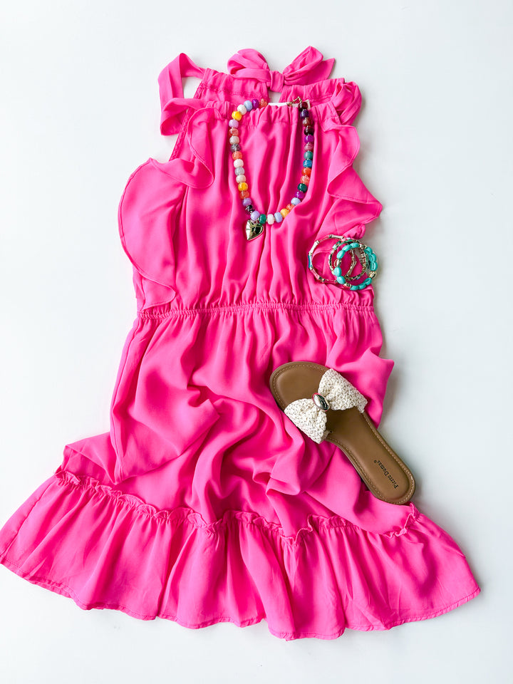 Pink Palms Neck Tie Dress