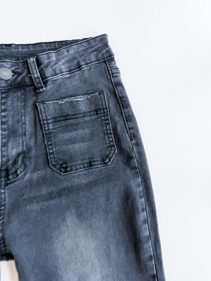 FINAL SALE - Black Super Stretch Front Pocket Flare Jeans