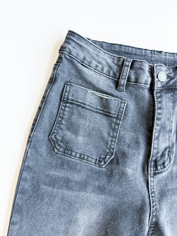 FINAL SALE - Black Super Stretch Front Pocket Flare Jeans