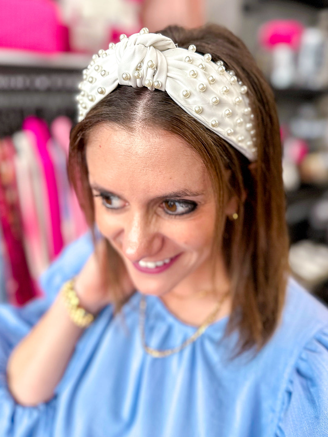 Vegan Leather Knot Headband with Pearls