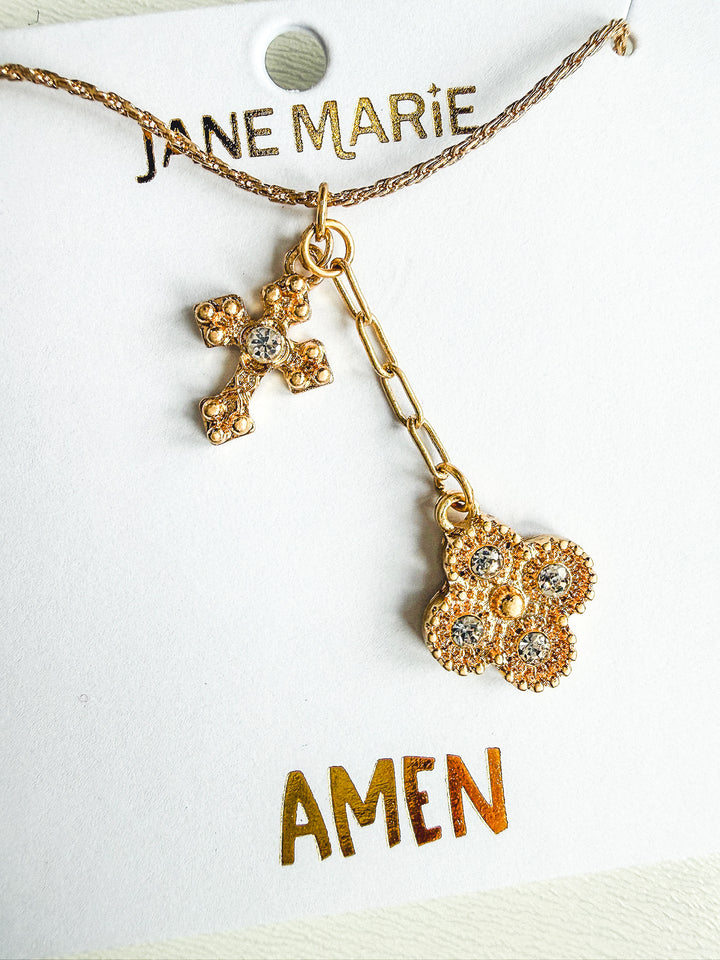 Twist Chain Necklace with Crystal Cross & Quatrefoil