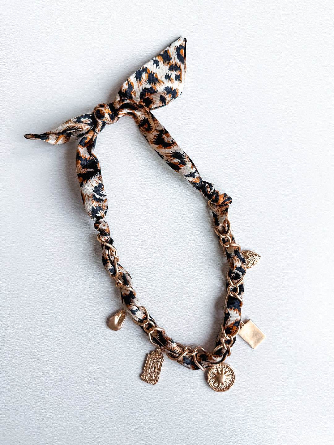 Cheetah Scarf with Gold Sun & Hammered Charms