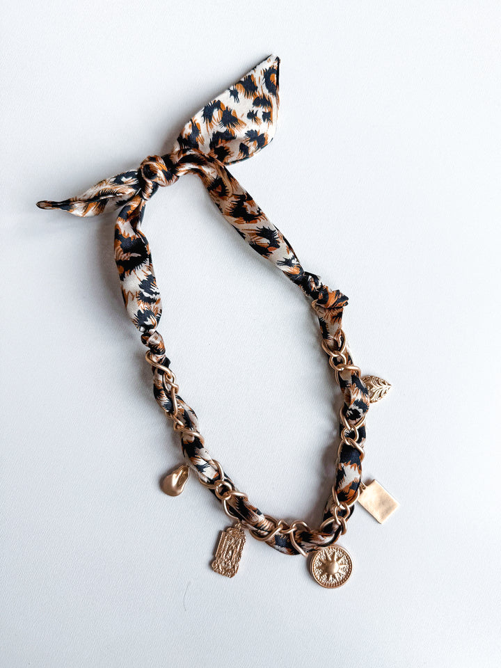 Cheetah Scarf with Gold Sun & Hammered Charms