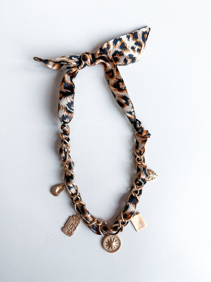 Cheetah Scarf with Gold Sun & Hammered Charms