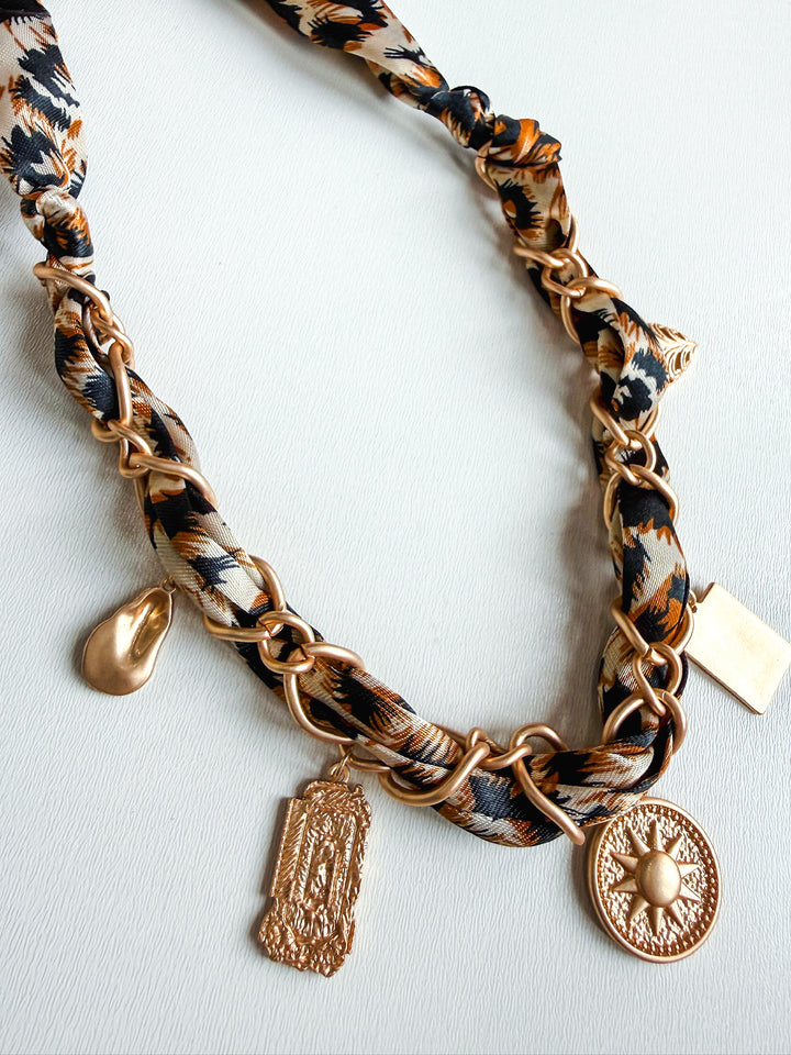 Cheetah Scarf with Gold Sun & Hammered Charms