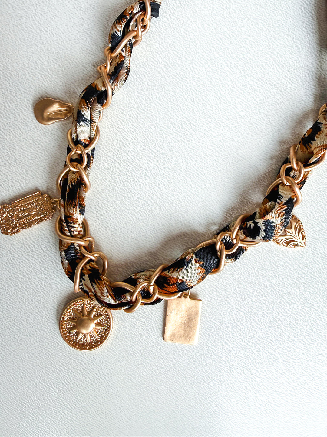 Cheetah Scarf with Gold Sun & Hammered Charms