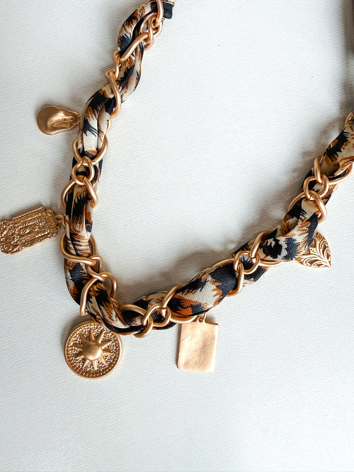 Cheetah Scarf with Gold Sun & Hammered Charms