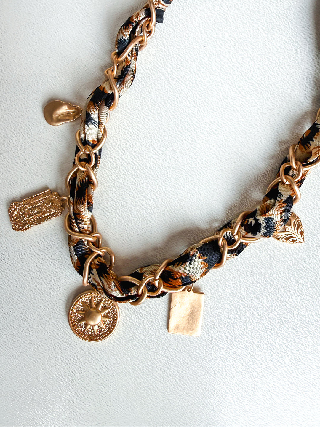 Cheetah Scarf with Gold Sun & Hammered Charms