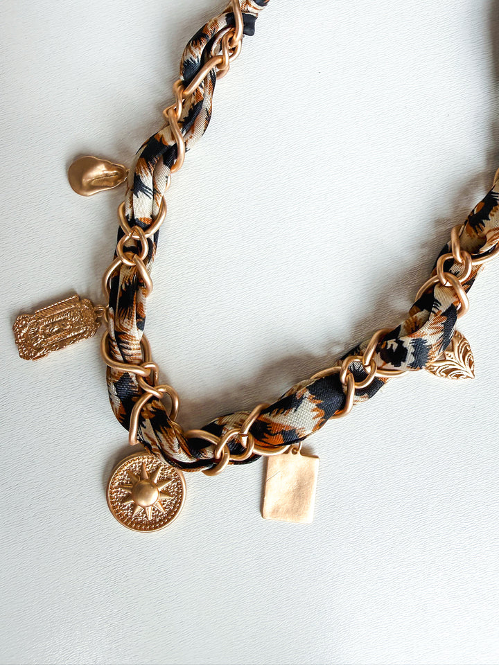 Cheetah Scarf with Gold Sun & Hammered Charms