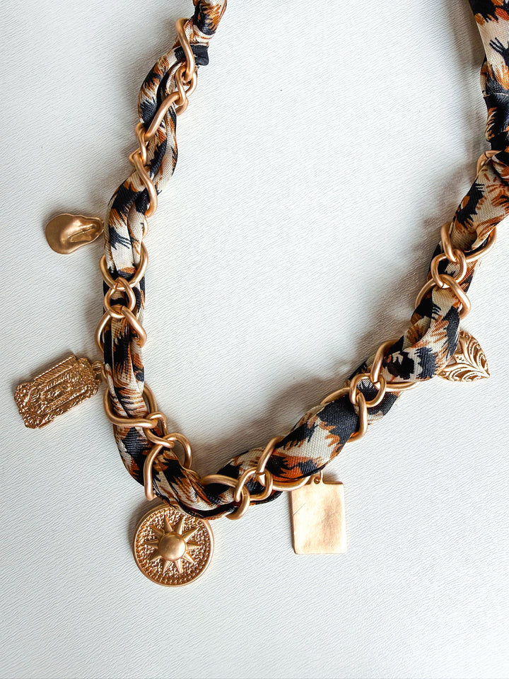 Cheetah Scarf with Gold Sun & Hammered Charms