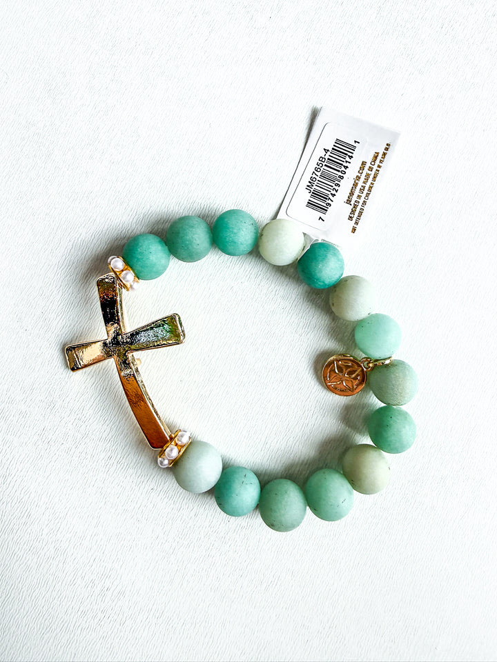 Amazonite Semi Precious Beaded Stretch with Gold Cross