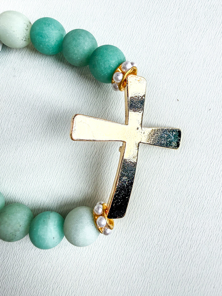 Amazonite Semi Precious Beaded Stretch with Gold Cross