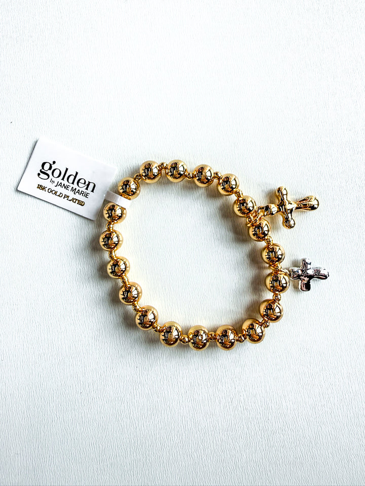 Beaded Stretch Bracelet with Two Tone Crosses