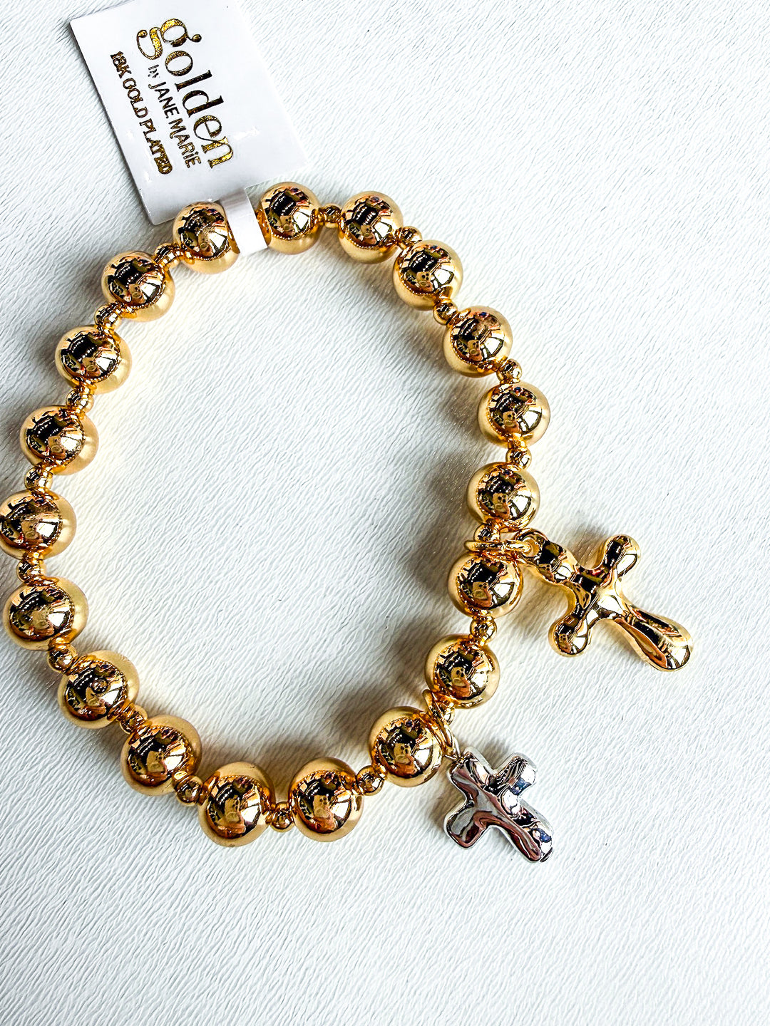 Beaded Stretch Bracelet with Two Tone Crosses