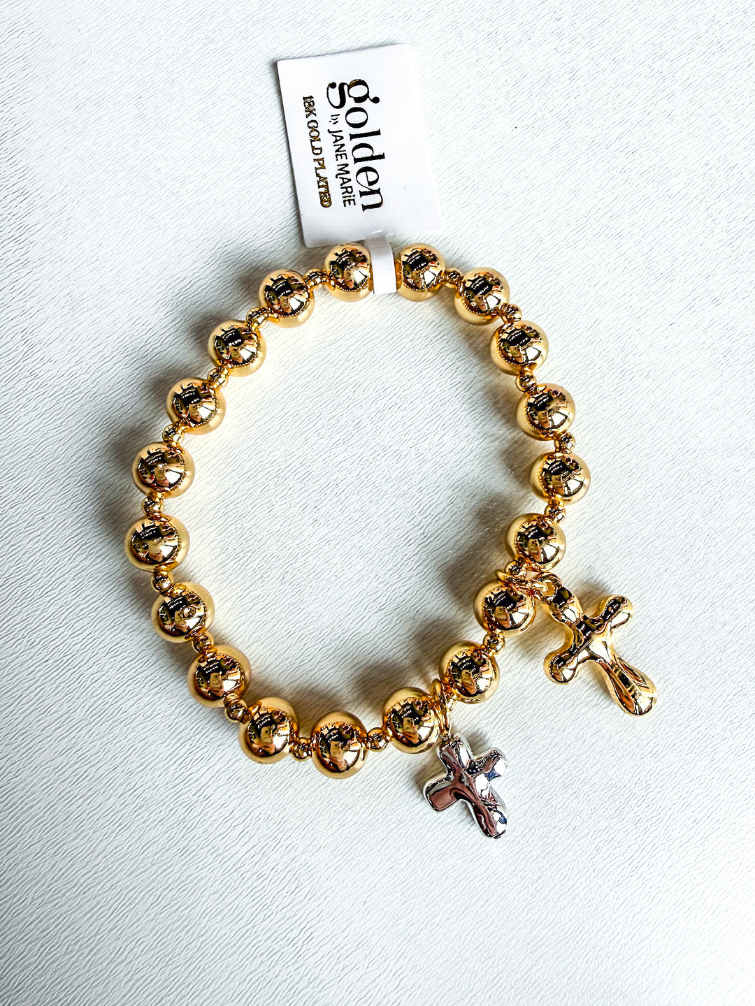 Beaded Stretch Bracelet with Two Tone Crosses