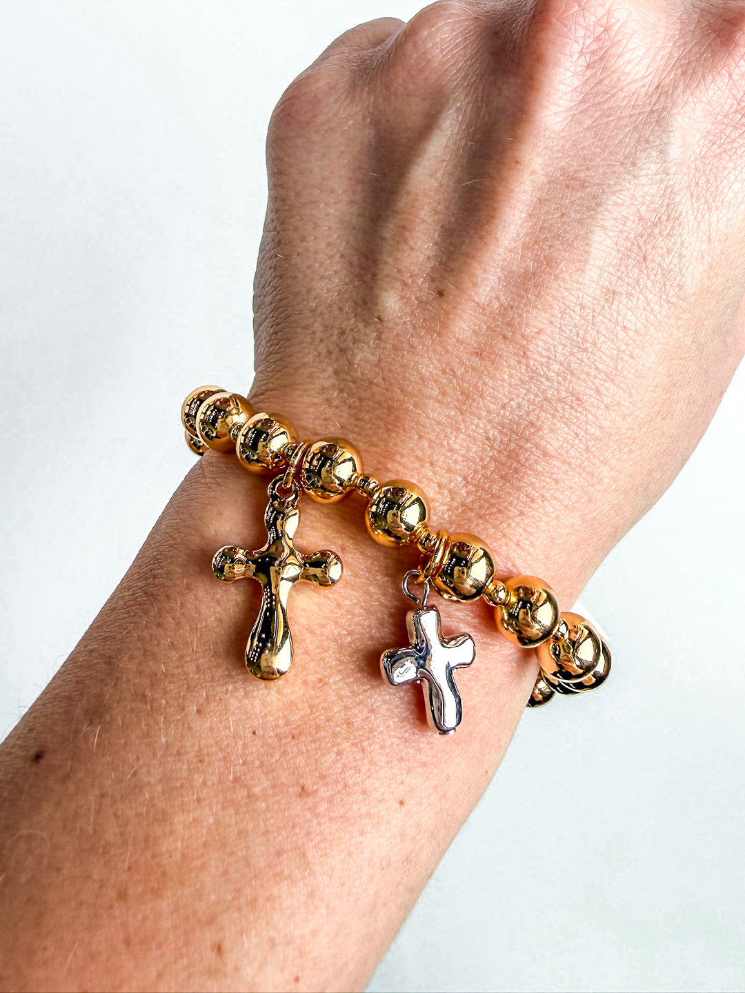 Beaded Stretch Bracelet with Two Tone Crosses