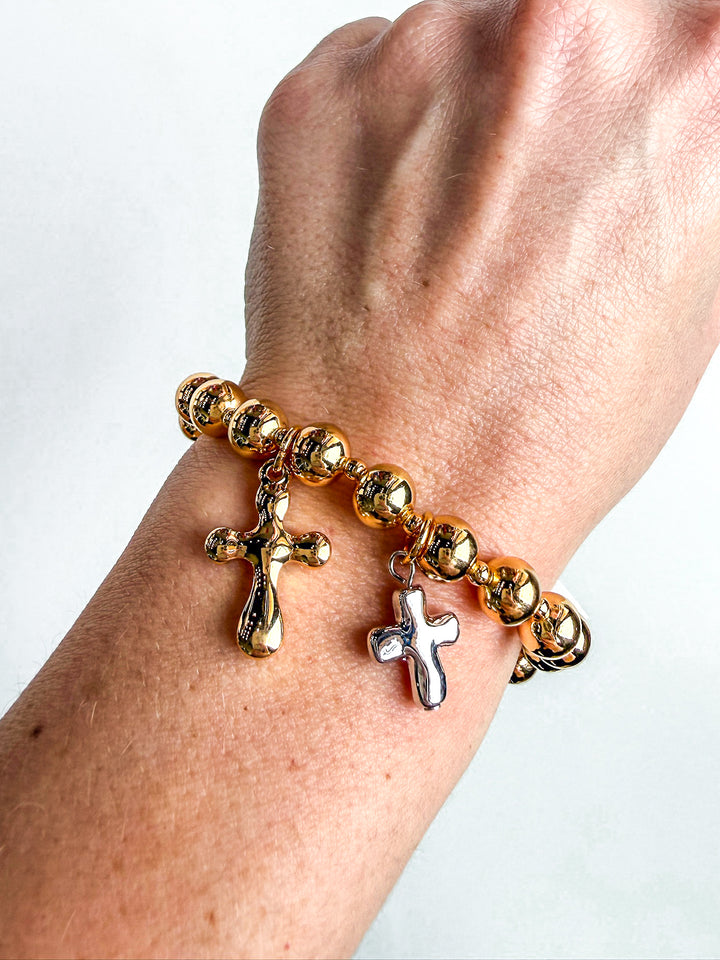 Beaded Stretch Bracelet with Two Tone Crosses