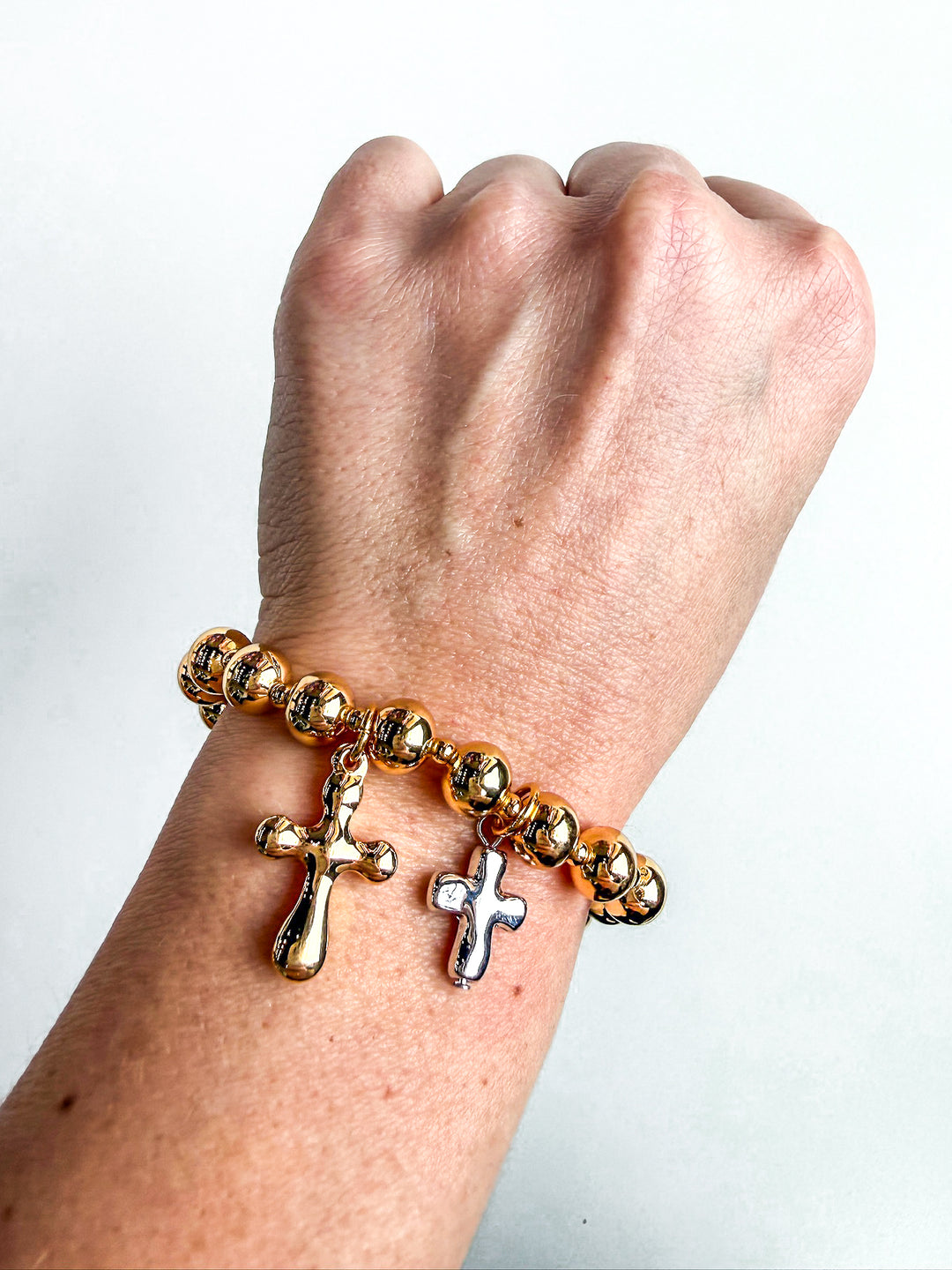 Beaded Stretch Bracelet with Two Tone Crosses