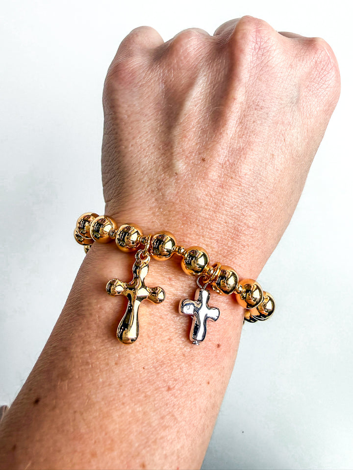 Beaded Stretch Bracelet with Two Tone Crosses