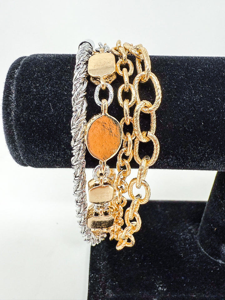 Gold & Silver Textured Layered Bracelet with Clear Stone
