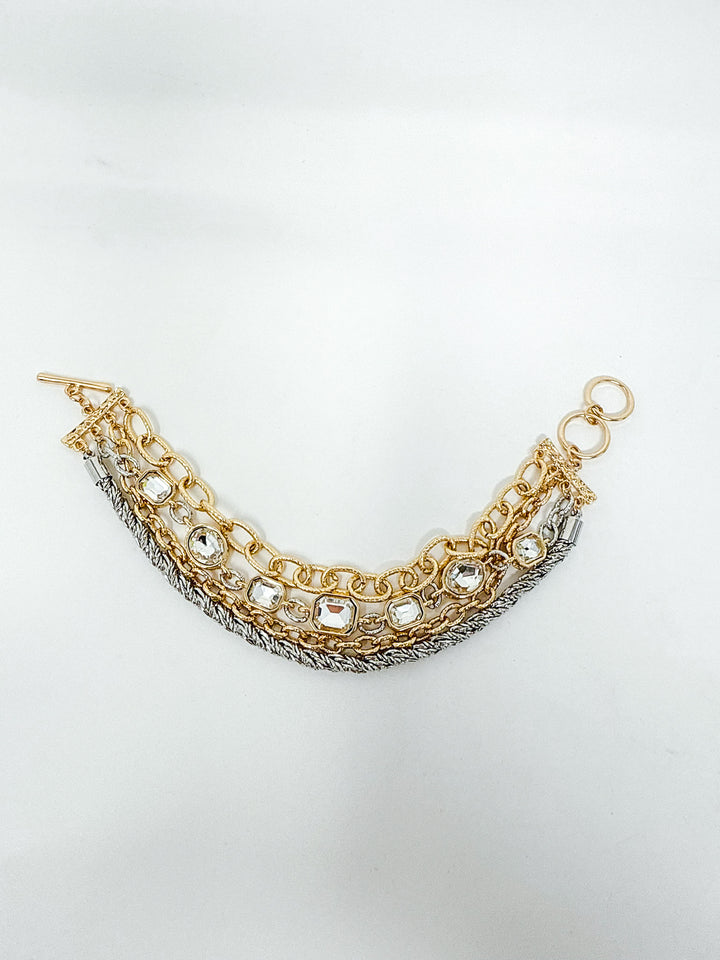 Gold & Silver Textured Layered Bracelet with Clear Stone