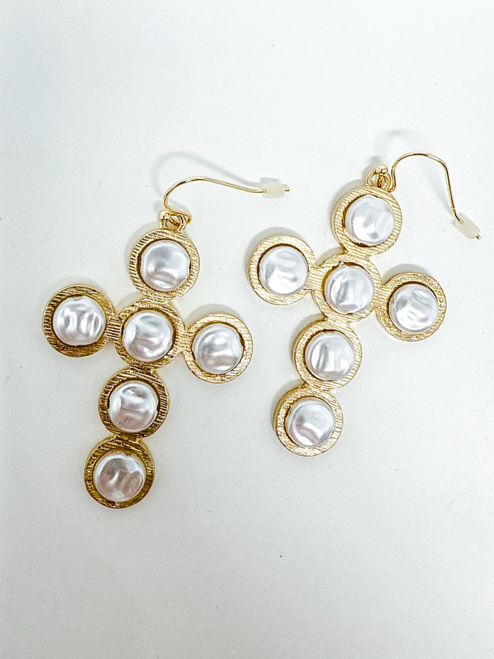 Gold Cross Pearl Earrings